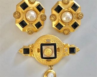 $200 SET Natasha Stambouli 22K plated earrings, pin.  Pin size: 2"L and 2.6"W 