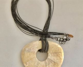 $30 Manouk signed pendant on wirey chain necklace.  Necklace: 38"L.   Pendant: 3"L and 3.75"W 