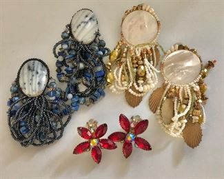 $20 ea Various designs clip earrings.  Left earrings SOLD : 3.5"L Red flower earrings SOLD 