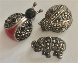 $20  ea Judith Jack sterling silver lady bugs SOLD, elephant pins AVAILABLE   Left: 0.75"L and 1"W 