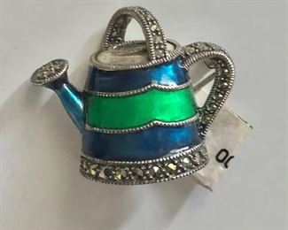 $20 Judith Jack signed enamel, sterling watering can pin.     1.1"L and 1.25"W
