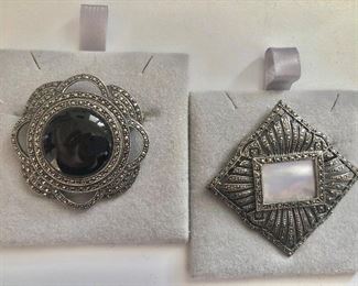 $20 Ea Judith Jack sterling silver marcasite onyx mother of pearl pins.  Left: 1.75"diam RIGHT SOLD 