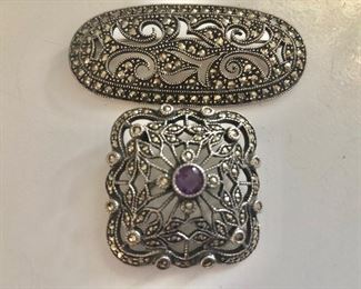 $25 ea Judith Jack sterling silver open work Top AVAILABLE  and amethyst pin SOLD .  Top: 1"L a nd 2.25"W 