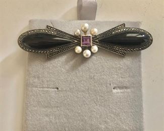 $30 Judith Jack sterling pearl, amethyst bow pin.  Size: 0.75"L and 3"W 