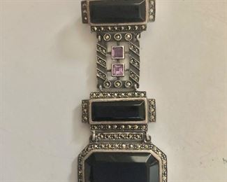 $40 Unsigned Judith Jack style art deco onyx amethyst pin.  3"L and 1.2"W 