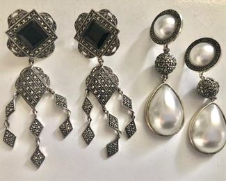  $30 ea Judith Jack pairs of clip sterling, onyx, pearl earrings.  Left earrings: 3"L  Right earrings SOLD 
