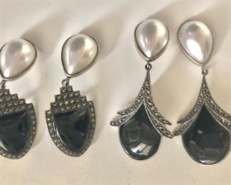 $30 ea Judith Jack onyx , pearl clip sterling earrings.  Left earrings: 2.75"L Right SOLD 