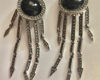 $30 Judith Jack onyx marcasite sterling silver clip earrings.  1"diam and 3.75"L