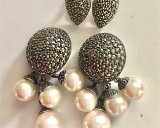 $20 each pair - Judith Jack sterling silver pearl, and marcasite clip earrings.  Bottom pearl earrings: 2.5"L and 1"diam  SOLD 