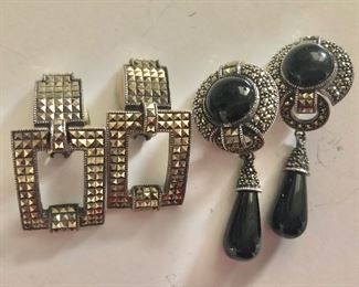 $20 each pair - Judith Jack sterling, marcasite clip earrings.  Right earrings: 2.3"L and 0.8"W