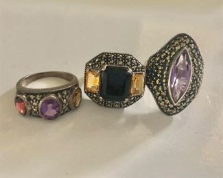 $40 ea Judith Jack amethyst, garnet, citrine, onyx stone rings.  Sizes from left to right: 8, 8, 7.