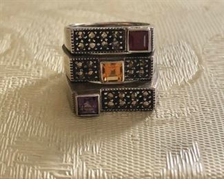 $50  Judith Jack sterling silver set of 3 rings, garnet, citrine, amethyst   Size of each: 7.75