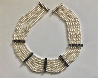 $50  Unsigned pearl, marcasite multi strand necklace.  14"L and 1.25"W 