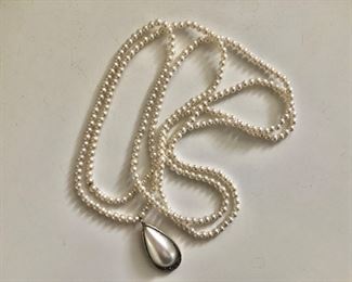 $40  Judith Jack extra long faux pearl pendant double strand necklace.  48"L and pendant: 1.25"L 
