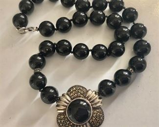 $50 Judith Jack sterling marcasite onyx necklace.  16.5"L and pendant: 1.4"diam 