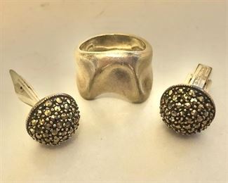 $20 ea Sterling marcasite cufflinks SOLD, silver sterling ring.AVAILABLE   Ring size: 7.  Cuffs: 0.35"diam and 1"L each.