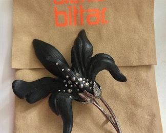 $150 Alexis Bittar black lucite and crystal  large flower pin with original pouch.  6"Lx 3.75"W 