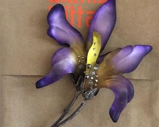 $150 Alexis Bittar purple, yellow lucite and crystal large flower pin.   5.75"L and 3.75"W