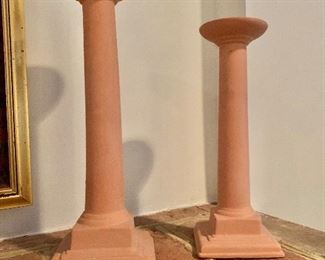 $40 - Pair of terracotta candle holders #1; 12" H,  10" H. 