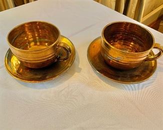 $60 - Pair of hand crafted, artisan coffee mugs and saucers. Each cup 3.5" H, 4.75" diam.  Each saucer 7.5" diam.