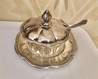  $95 Jam or sugar bowl jar with tray 800 silver slight dent on lid.  4" H, tray 5.75" diam. 