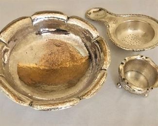 $75 800 silver  bowl, $45 tea strainer and $25 small toothpick holder.  Tea strainer: 4.75" L.  Toothpick holder: 1.5" H, 1.75" diam. 