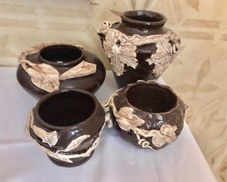 $50 ea  Back row, $35 ea Front row Decorative vases with floral overlay  Largest 7" H by 7" W 