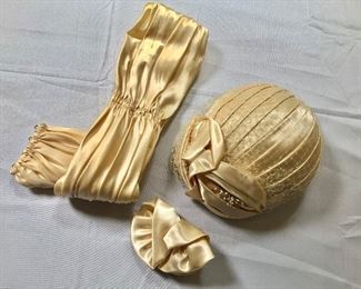 $50 Vintage satin  hat and accessories.  Hat:  4" H, 6.5" W, 8.5" D. 
