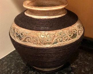 $40 Vase with woven border.   8" H, approx 8" diam.