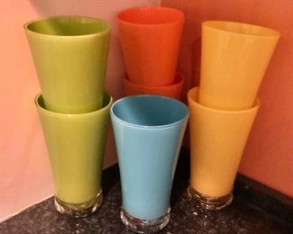 $50 Set of 7 pool side plastic drinking glasses.  Each  7" H, 4" diam.