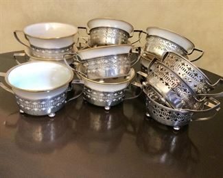 $595 Set of 12 Gorham sterling silver holders and Lenox consomme cups 