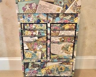 $295 -  Colorful, "Vintage Postcards" fabric covered jewelry or organizer box.     34" H, 16.25" W, 12.5" D. 