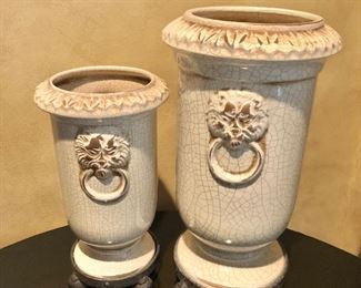 $30, $40 Crackle design  lion vases.  Right:  14" H, 7.25" diam.