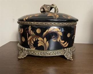 Black & gold porcelain decorative box with a lid, 5.5"H x 6" diameter, was $20, NOW $14