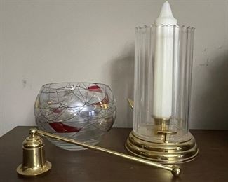 Brass candle snuffer, was $5, NOW $3, Glass & brass hurricane for candles, was$7, NOW $5, Colored glass bowl, was $7, NOW $4