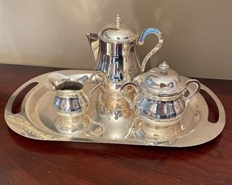 Silver plate tea service set w/ platter, 4"H teapot, 11"W serving tray, was $24, NOW $15