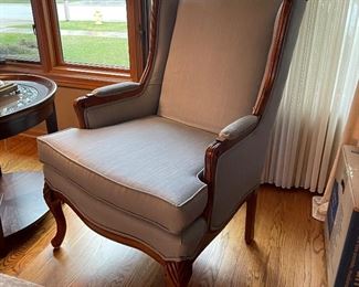 Pair of arm chairs, light blue/ grey toned, 42.5”H x 28”W x 32”D, $165 each