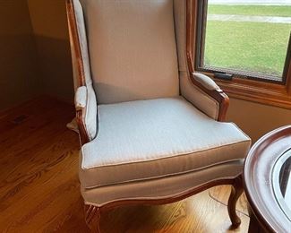 Pair of arm chairs, light blue/ grey toned, 42.5”H x 28”W x 32”D, $165 Each