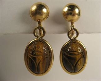Circa 1950s Carved Tiger Eye Scarab 12K Gold Filled Screw on Earrings