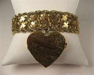 Intricate 14kt Bracelet with Engraved Heart Locket