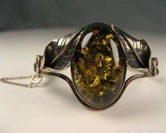 Very Nice Amber Bangle Bracelet in Sterling Silver