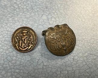 Old Antique Unknown Metal Crown Emblem and a Plastic Button With Unknown Insignia