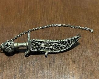 Sterling Silver 925 Sabre or Dagger in Filigree Scabbard Pin Brooch Removable Dagger