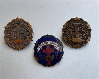 Three United Presbyterian Sunday School Reward Pins Vintage WWII Era Red White Blue Enamel Copper Tone