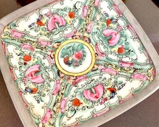 Rose Medallion style dish with pewter rim