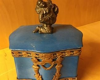 Antique French Bronze Ormulu Blue Pierrot Jewelry Box