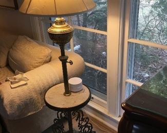 Gas Lamp Converted to Electric w/Marble Table. From New Metal Craft in Chicago. Discount if you can tell me the original Shopkeepers name and where the shop was located! 