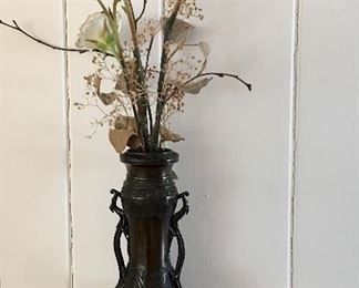 Bronze Vase SIGNED w/BISQUE Flowers