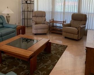 Aqua Sofa and Loveseat, Area Rug 5'4" x 7'8", Teak Coffee Table, Set/2 Danish Teak Nesting Tables, 2 La-Z-Boy Electric Recliners, Etagere, Large Table Lamps pair, Teak Bar Cart, Original Photography Frames