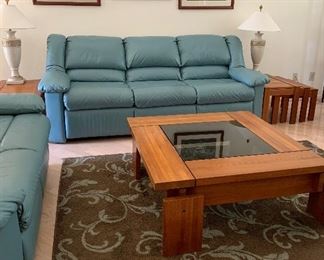 Aqua Sofa and Loveseat, Area Rug 5'4" x 7'8", Teak Coffee Table, Set/2 Danish Teak Nesting Tables, 2 La-Z-Boy Electric Recliners, Etagere, Large Table Lamps pair, Teak Bar Cart, Original Photography Frames